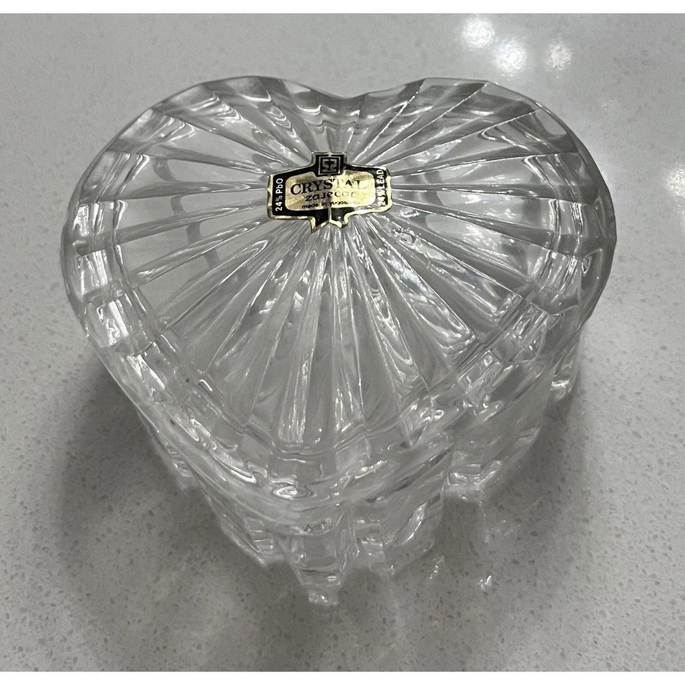 Vtg Crystal Trinket Boxes With Lids Rectangle Box & Heart Shaped From Yugoslavia